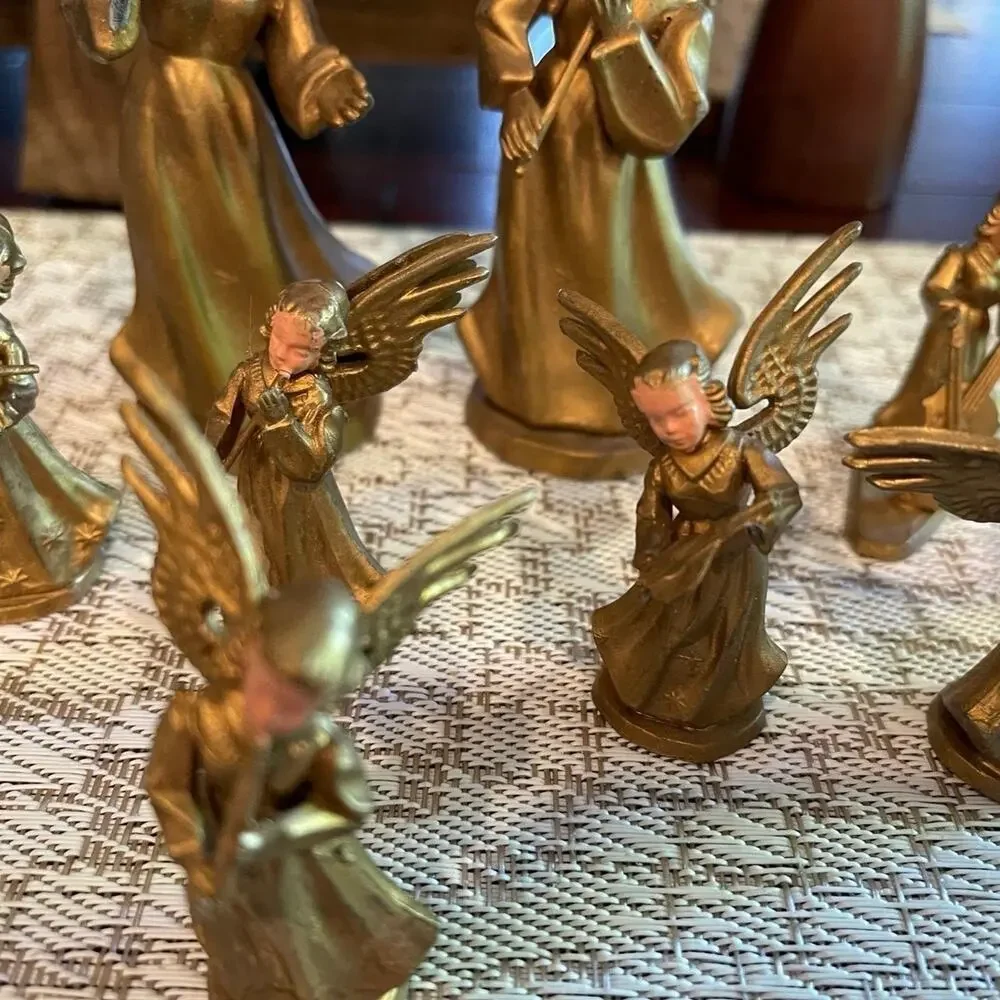 Vintage 50’s set of 8 gold  holiday angels plastic figurines Hong Kong